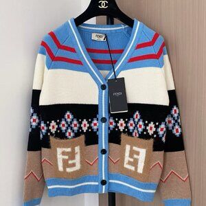 New Fendi Logo Pattern Knit Cardigan - Blue/Multicolor - Size L